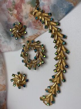 3 Piece Authentic Puccini Estate Gold Leaf Jewelry with Green Aurora Rhinestones